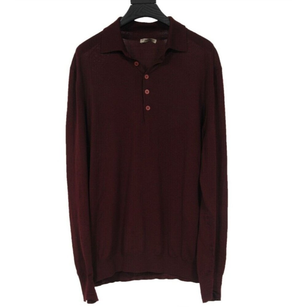 Bottega Veneta Men Long Sleeve Polo Sweater Size Large IT 50 Burgundy Red Wool